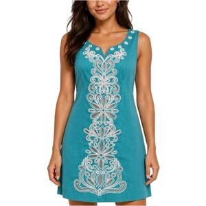 LILLY PULITZER Dress 0 Gabby Stretch Shift Bondi Blue Applique Embroidery Rush